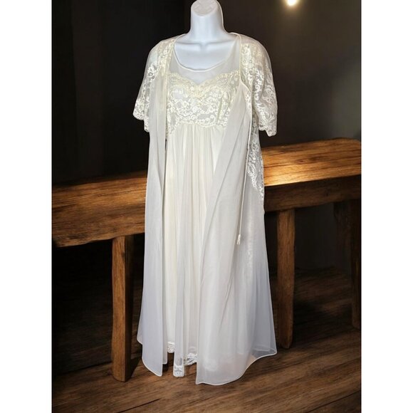 Vtg Shadow Line Nylon Ivory White Lace Maxi Intimate Sheer Slip Dress & Robe PS - Picture 4 of 16